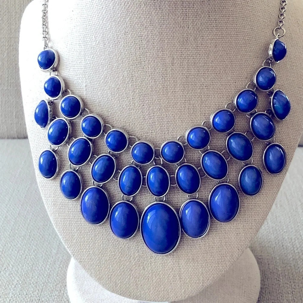 Silver Tone Blue Oval Cabochon Tiered Layer Necklace 16”-18” Fashion Jewelry